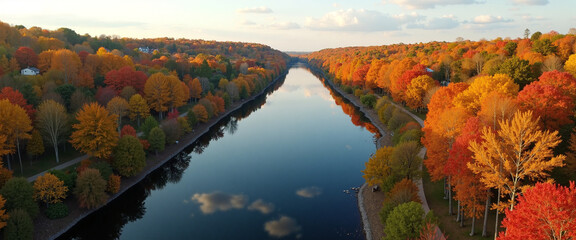 Aerial view of a serene river reflecting colorful autumn foliage with vibrant orange, yellow, and green trees lining the banks under a blue sky