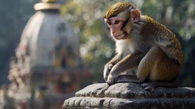A monkey sits atop a stone pillar, offering a unique perspective