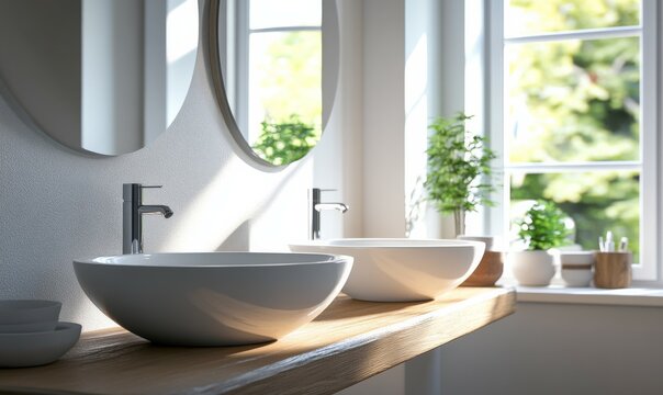 Beautiful bathroom with double sinks and a large mirror above the vanity. The design includes ceramic bowls on the counter, under a bright window.