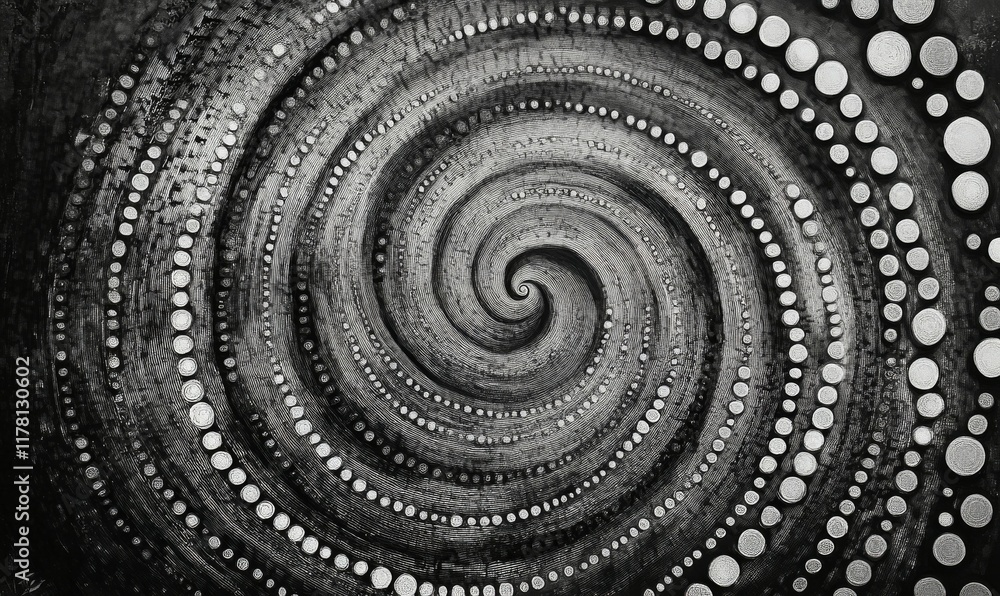 Aufkleber black and white image of a spiral with many small dots. the image has a futuristic and abstract feel