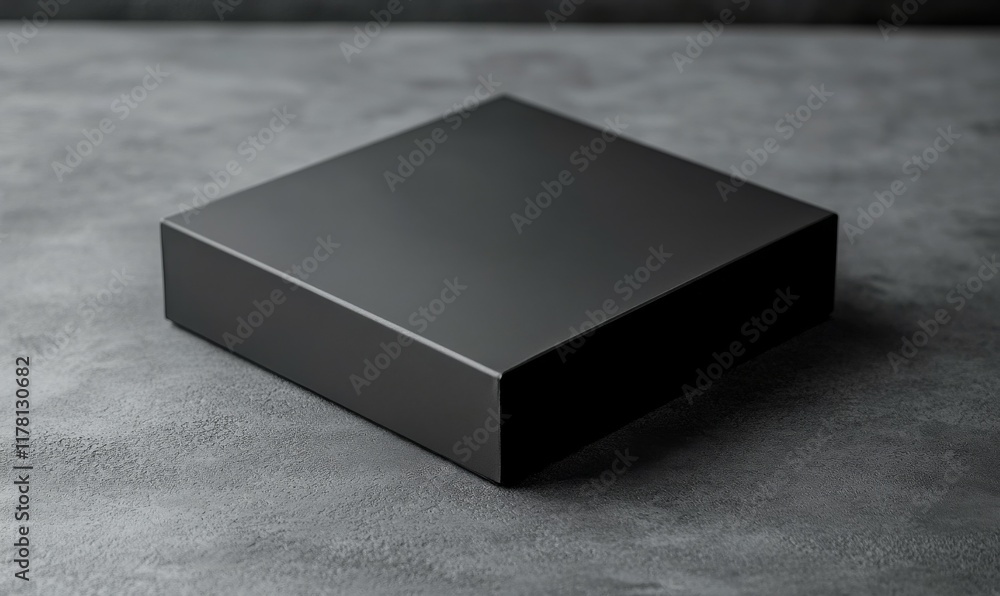 Poster black box sits on a grey surface. the box is square in shape and he is empty. the grey surface is sm