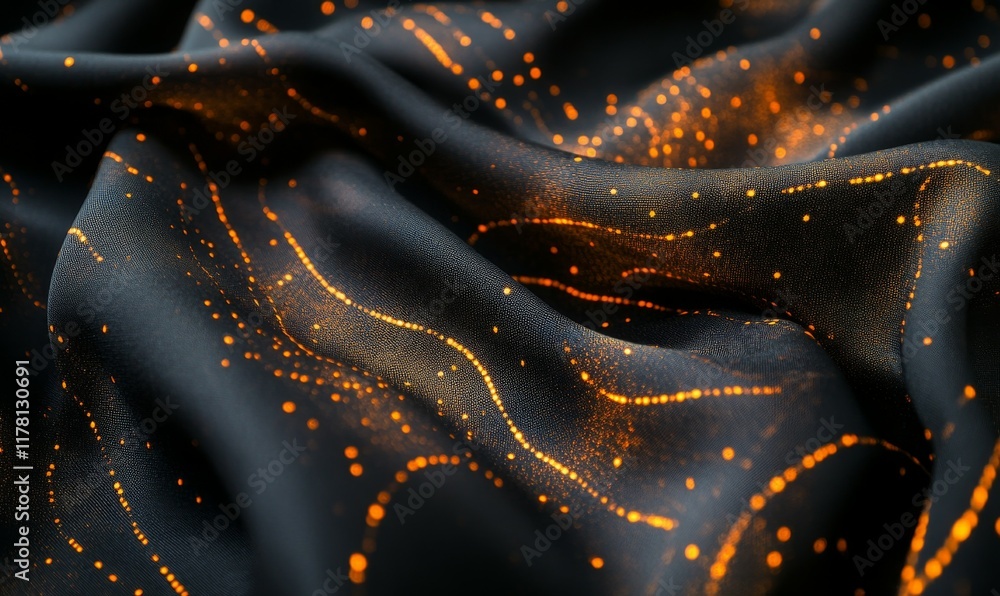 Poster black fabric with a pattern of lines and dots. the fabric is folded and has a shiny appearance