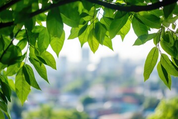 Fototapeta premium Urban landscape seen from tree's perspective, with buildings and streets visible beneath the leafy canopy
