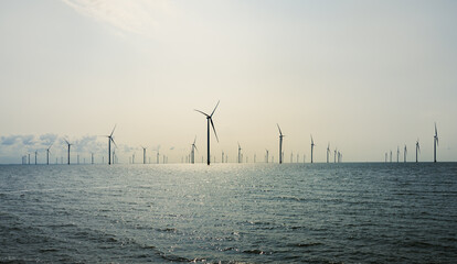 Wind turbines generate renewable energy in offshore wind farm 