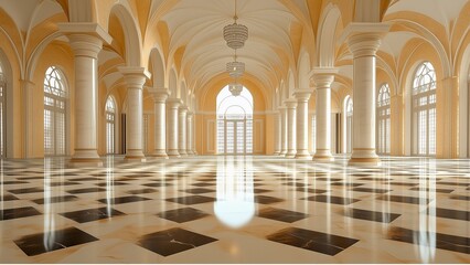 Fototapeta premium A mosque with a sandy beige floor, featuring elegant black-and-white checkered tiles