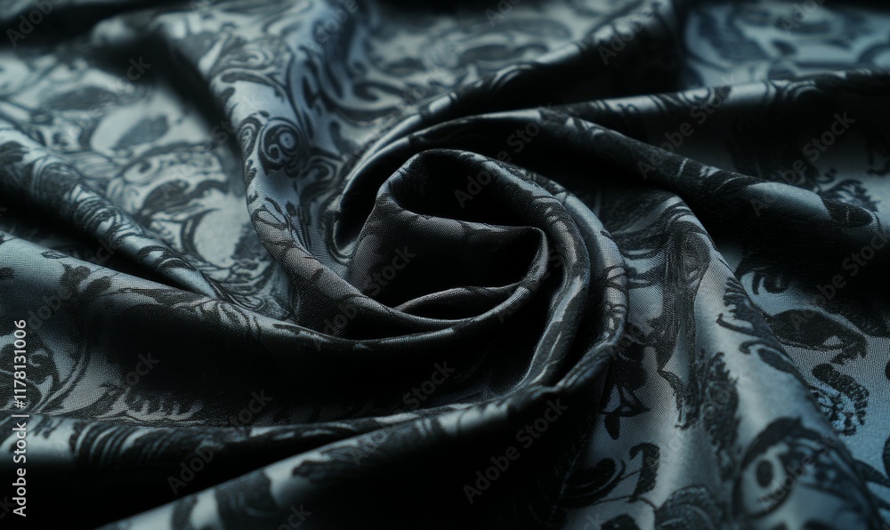 Poster black fabric with a pattern of lines and swirls. the fabric is very thick and has a shiny appearance