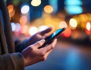 Focused shot on hands using a phone, colorful city lights blurred in the background