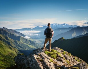 Fototapeta premium Traveler on a mountain peak with blurred valley view