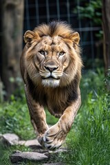 Fototapeta premium A majestic lion roams freely on a lush grassy terrain