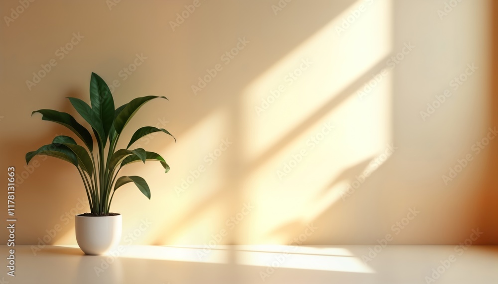 Poster beige studio background with plant. sunlight casts shadows on wall. empty room. minimalist design fo