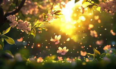 Obraz premium Backlit Cherry Blossoms with Floating Petals and Sunlight Bokeh