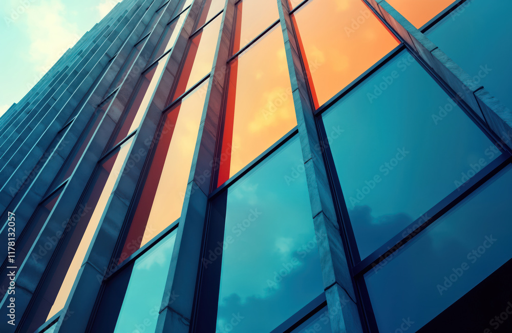 Poster modern building facade with blue, orange glass windows. geometric shapes, lines create dynamic desig
