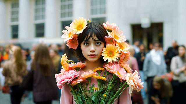 beautiful young women with flowers in her hair on the street