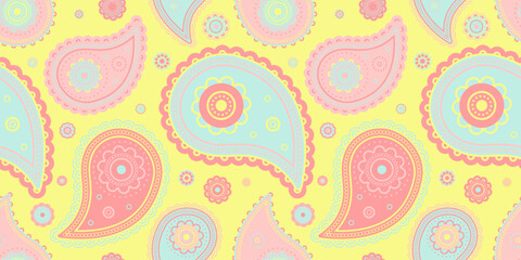 Delightful pastel paisley pattern  Perfect for textile design, stationery, or whimsical backgrounds.  Soft, feminine colors and intricate details create a charming aesthetic.
