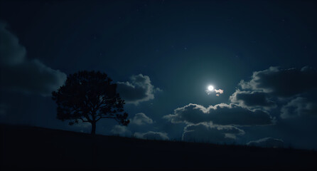 Fototapeta premium the moon shines bright in the night sky with a full moon and stars above the silhouette of trees