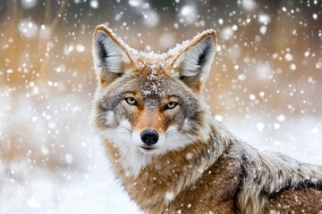 Fototapeta premium Close-up shot of a wolf's face in snowy surroundings