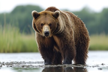 Fototapeta premium A large brown bear standing in a body of water, possibly near a river or lake