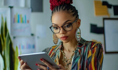 Data analyst reviewing colorful charts and graphs, holding a tablet, intense gaze, modern office setting, surrounded by statistical reports,