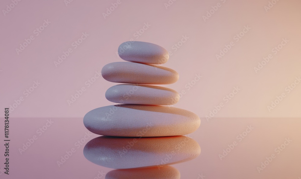 Poster smooth pebble stones stacked in perfect balance, reflecting on a glossy surface with a soft gradient