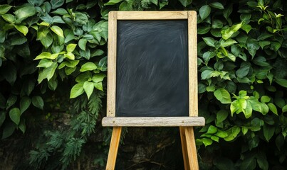 Blackboard is standing on a wooden stand in front of a green bush. The board is empty, and the scene is set in a restaurant or cafe