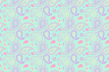 Delightful pastel paisley pattern.  Perfect for textile design, wrapping paper, or vibrant backgrounds.  Features charming teardrop shapes and soft color palette.