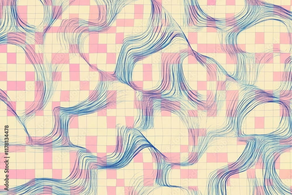 Poster a simple yet intriguing design featuring wavy lines on a checkered background, great for highlightin