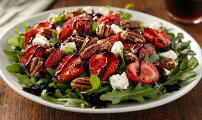 Lush green salad with arugula, strawberries, goat cheese, and candied pecans drizzled with balsamic glaze, set on a farmhouse-style table,