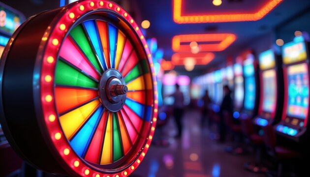 Colorful game wheel in casino. People play slots in background. Vibrant colors and bright lights. Entertainment and fun in arcade. Chance to win prize. Excitement and gamble. Festive atmosphere.