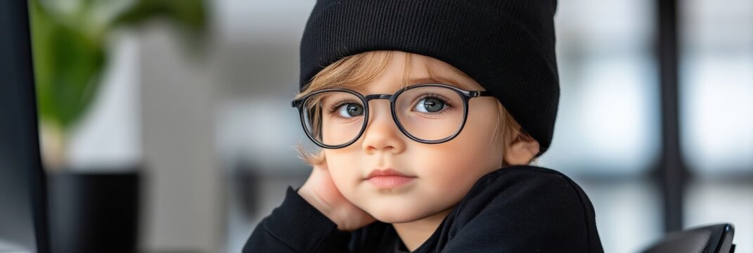 A charming child dons round glasses, showcasing a thoughtful expression while immersed in a serene environment.
