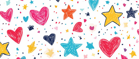 Colorful hand-drawn hearts and stars pattern. (1)