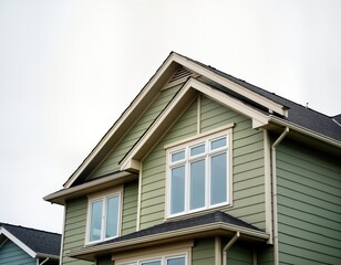 New modern house with light green exterior siding, white windows. Roof dark gray. House nice architectural design with sloping roofline. Top of house visible in photo, design quite appealing. Example