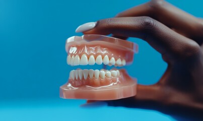 Fototapeta premium Practitioner's Hands Demonstrating Teeth Examination on a Dental Model Against a Clean Blue Background