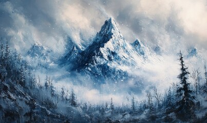 Snowy mountain with trees in blizzard