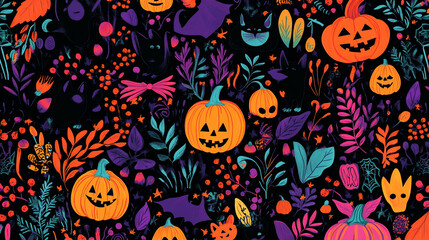Halloween pumpkins, cats, and flowers seamless pattern.