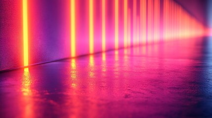Obraz premium Neon Lights Illuminate Reflective Wet Floor Corridor