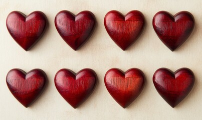 Red wooden hearts on a beige background, arranged vertically to convey a minimalist love concept.