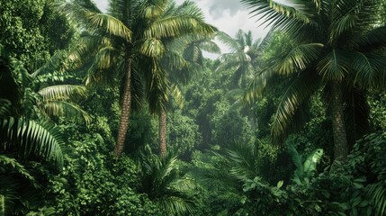 Fototapeta premium A dense jungle with tall palm trees amidst lush greenery