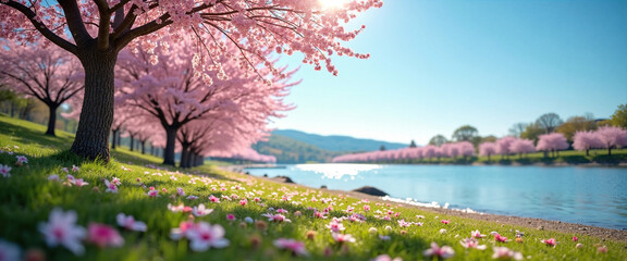 Blossoming cherry trees with pink flowers lining a serene lakeshore under a clear blue sky, creating a tranquil and picturesque landscape during daylight