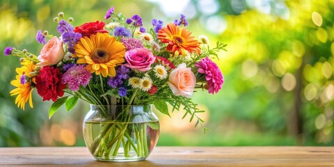 Vibrant mixed flower arrangement in a clear glass vase, blooming, flowers of the season ,  blooming, flowers of the season