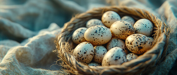 Quail eggs in a bird's nest on linen fabric.