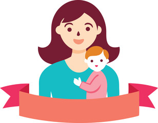 Vector Illustration Of Mother Holding Baby Child In Arms. Happy Mother's Day Greeting Card.Happy mother's day banner.