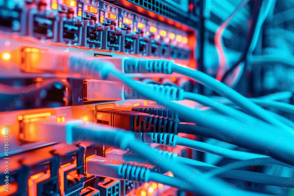 Poster network cables connected to ethernet switches illuminated in blue and orange light within a data cen