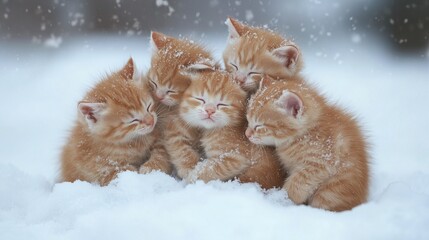 frozen kittens are sitting in the snow and huddle together to keep warm from the cold