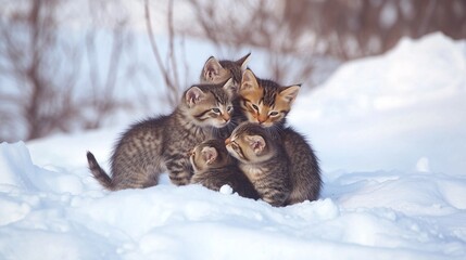 5 kittens sitting in the snow and cuddling together