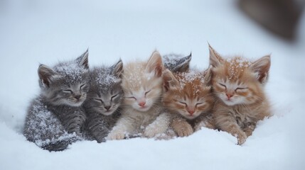 5 frozen kittens are sitting in the snow and huddle together to keep warm from the cold