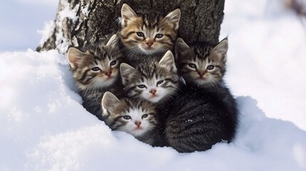 5 little kittens are lost and very cold. They are sitting in the snow under a tree and huddle together to keep warm from the cold