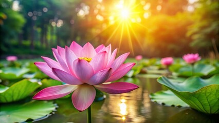 Summer Serenity: Pink Lotus Blossoms in a Calm Pond