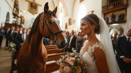 bride and a horse in a church