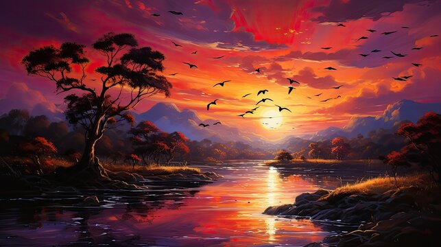 Un coucher de soleil flamboyant embrase le ciel et l'eau, cr&eacute;ant un paysage serein o&ugrave; des oiseaux s'envolent au-dessus des montagnes.
