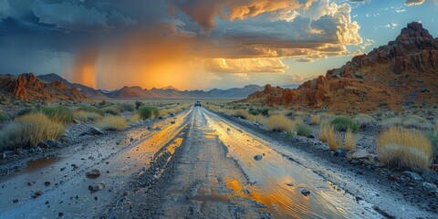 a car driving through a rocky desert under dramatic storm clouds
